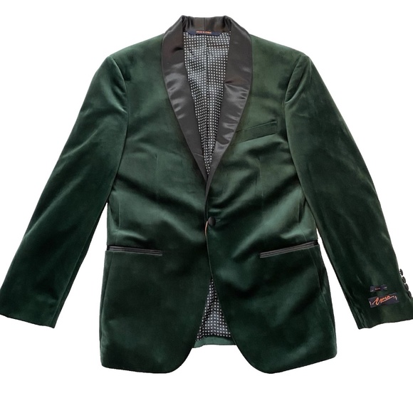 Egara Men Slim Fit Green Velvet Jacket Blazer Satin Shawl Size 38 Short NWT$179